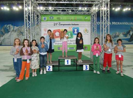 Claudia Scarpa, in piedi sul gradino più alto del podio, ripresa nel momento della premiazione.
